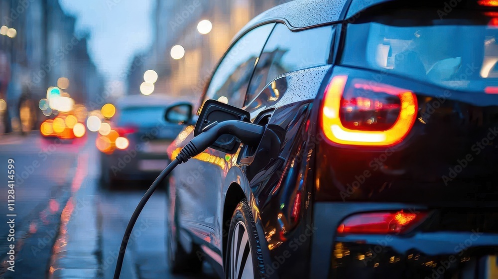 Electric vehicle charging at dusk in an urban environment highlighting sustainable transport, modern technology, and eco-friendly mobility solutions. Electric vehicle charging at dusk in an urban environment highlighting sustainable transport, modern technology, and eco-friendly mobility solutions.