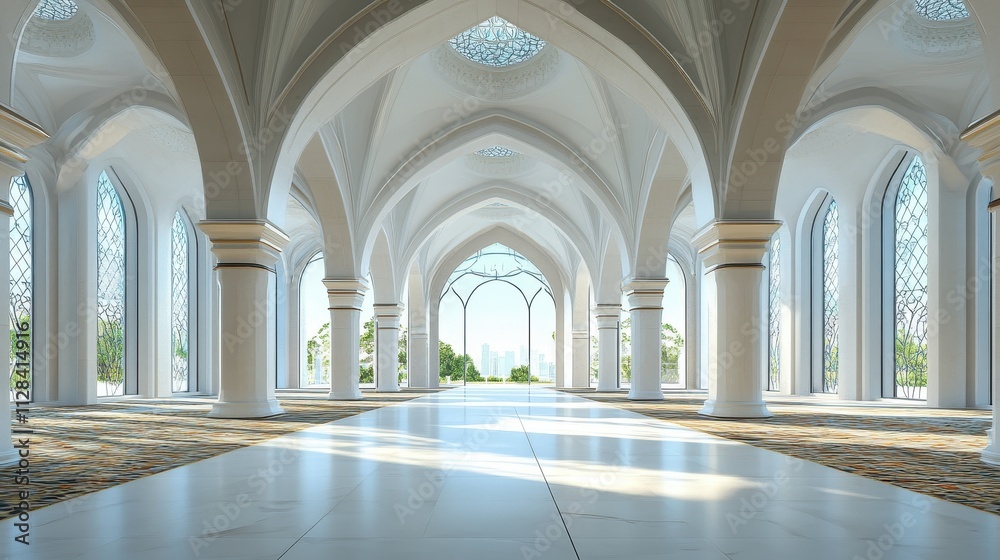 Majestic Mosque Interior with Ornate Arched Ceiling and Marble Flooring Majestic Mosque Interior with Ornate Arched Ceiling and Marble Flooring