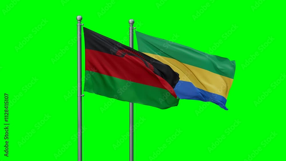Gabon and Malawi flags flying together, video concept of the relationship with colored chroma key for easy background remove Gabon and Malawi flags flying together, video concept of the relationship with colored chroma key for easy background remove
