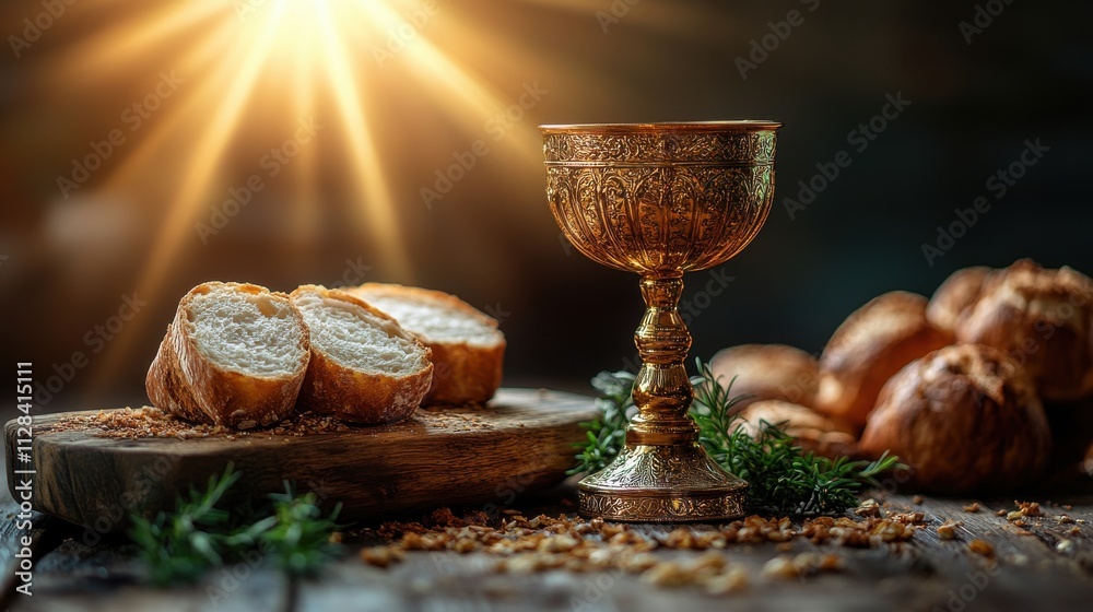 chalice and bread on a wooden table dark background with sunrays the sacrament of holy communion