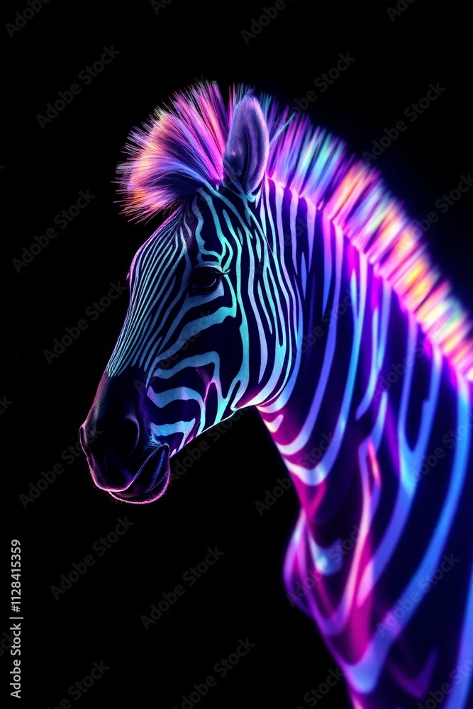 zebra with a black background and a rainbow colored mane