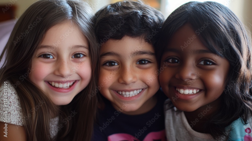 Closeup of three happy young children, a white girl with a playful grin and long hair, a Black boy with a joyful expression and short hair Closeup of three happy young children, a white girl with a playful grin and long hair, a Black boy with a joyful expression and short hair