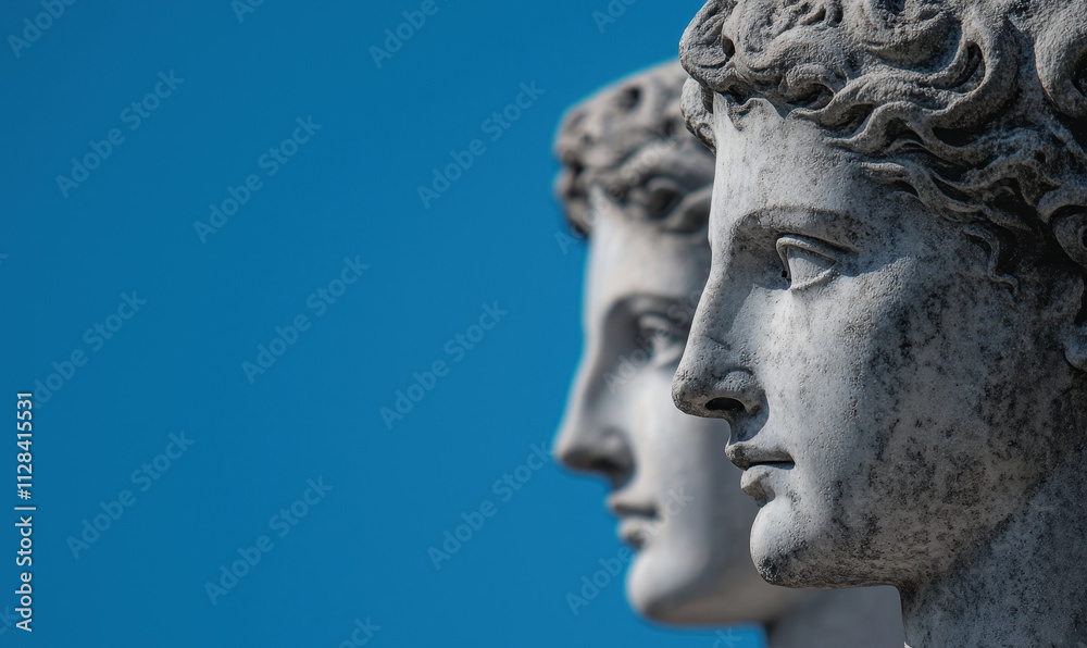 Timeless Elegance: Dual Classical Marble Statues Against Vibrant Blue Sky, Capturing Ancient Artistic Expressions Timeless Elegance: Dual Classical Marble Statues Against Vibrant Blue Sky, Capturing Ancient Artistic Expressions