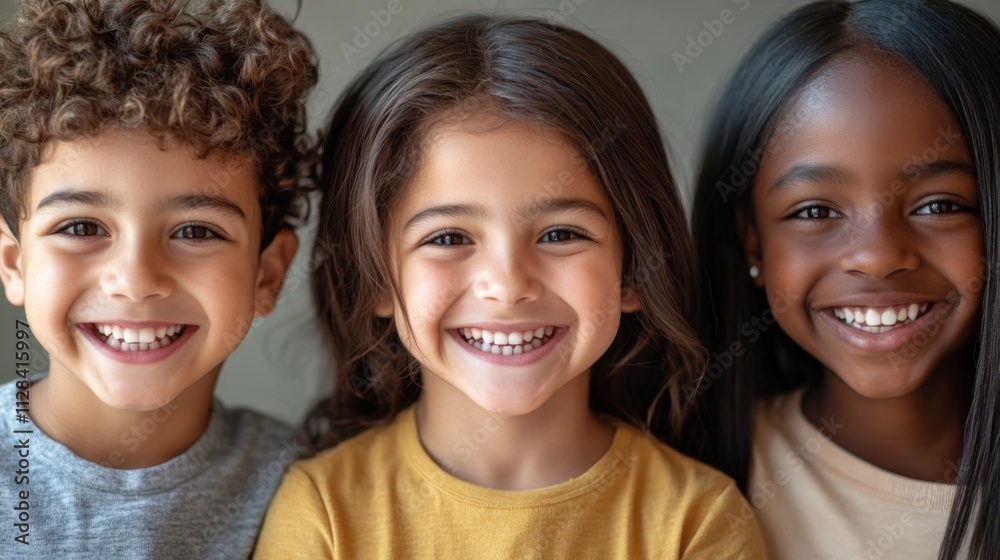 Closeup of three happy young kids, a Hispanic boy with a joyful grin and short curly hair, a white girl with a radiant smile and long hair Closeup of three happy young kids, a Hispanic boy with a joyful grin and short curly hair, a white girl with a radiant smile and long hair
