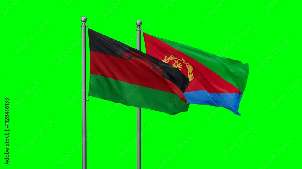 Eritrea and Malawi flags flying together, video concept of the relationship with colored chroma key for easy background remove, two country cooperation concept