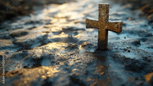 christian cross on the ground with stone and rock background rendering