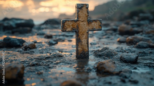 christian cross on the ground with stone and rock background rendering