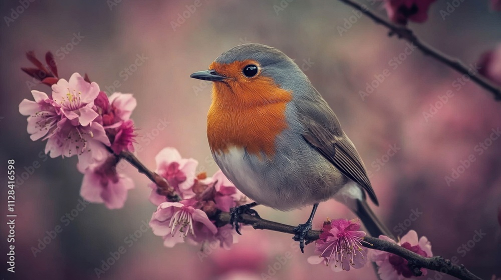 European Robin perched on a flowering branch, vibrant colors. Perfect for spring themes, nature blogs, and peaceful imagery. European Robin perched on a flowering branch, vibrant colors. Perfect for spring themes, nature blogs, and peaceful imagery.