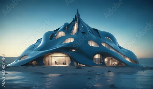 Futuristic Building on Water at Sunset