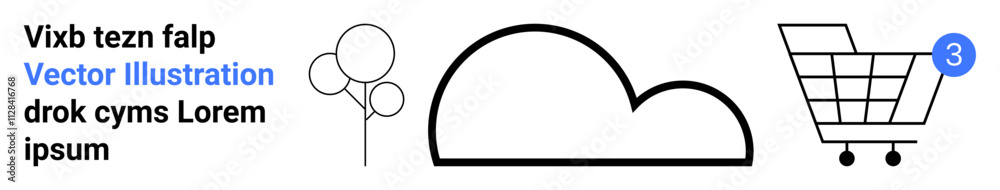 Two outlined trees, large outlined cloud, shopping cart with notification badge, blue text, black text, white background. Ideal for websites, apps, ecommerce, nature themes, minimalistic designs Two outlined trees, large outlined cloud, shopping cart with notification badge, blue text, black text, white background. Ideal for websites, apps, ecommerce, nature themes, minimalistic designs