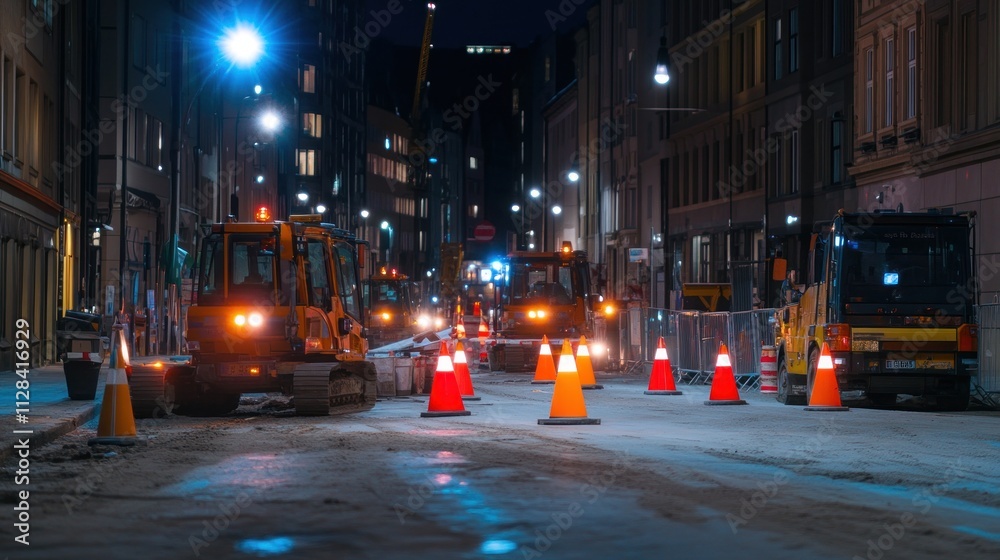 Obraz premium Nighttime construction scene with machinery and cones