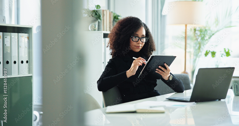 Laptop, tablet and business woman in office for online planning, administration and research. Corporate hr, professional and worker on computer and tech for website, information and project deadline Laptop, tablet and business woman in office for online planning, administration and research. Corporate hr, professional and worker on computer and tech for website, information and project deadline