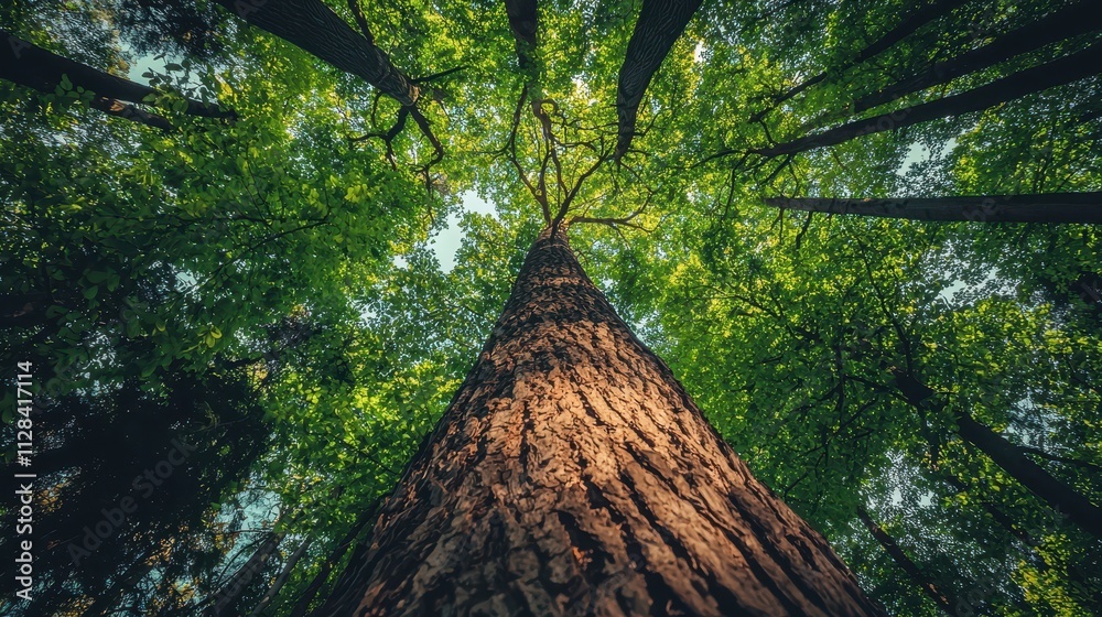 Naklejka premium Majestic View of Towering Tree with Lush Green Leaves Against a Bright Sky Captured from a Unique Low Angle Perspective in a Serene Forest