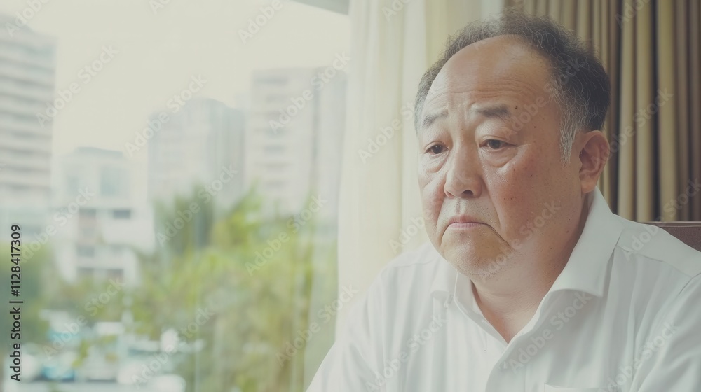 Thoughtful Asian Man in White Shirt Sitting by Window with City View Thoughtful Asian Man in White Shirt Sitting by Window with City View