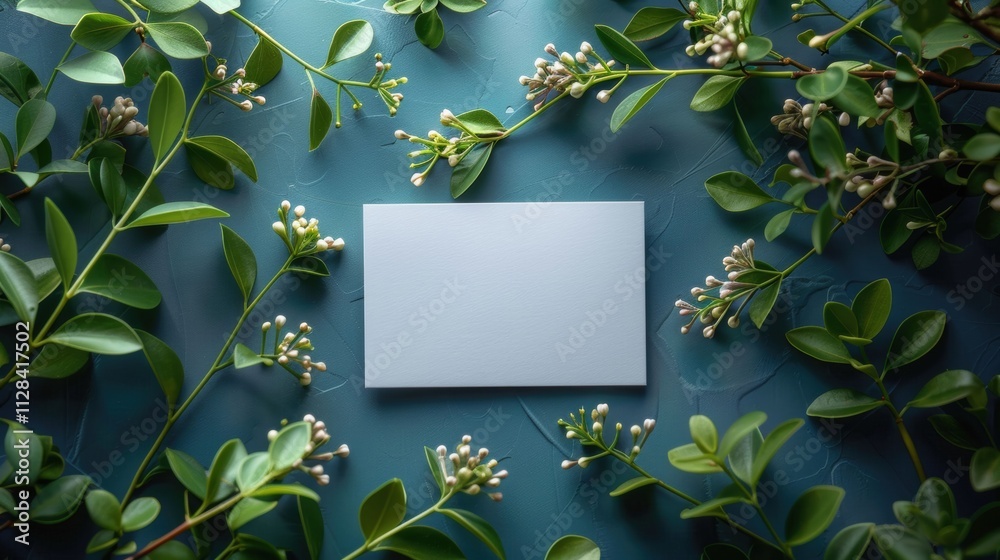 A white card is placed in the middle of a green leafy background A white card is placed in the middle of a green leafy background