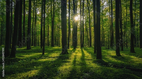 Sunlight Filters Through Lush Green Forest, Creating Serene Atmosphere With Tall Trees and Gentle Shadows on the Vibrant Ground