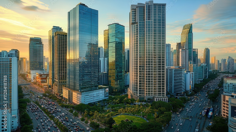 Obraz premium A vibrant city skyline at sunset, showcasing modern architecture and bustling traffic.