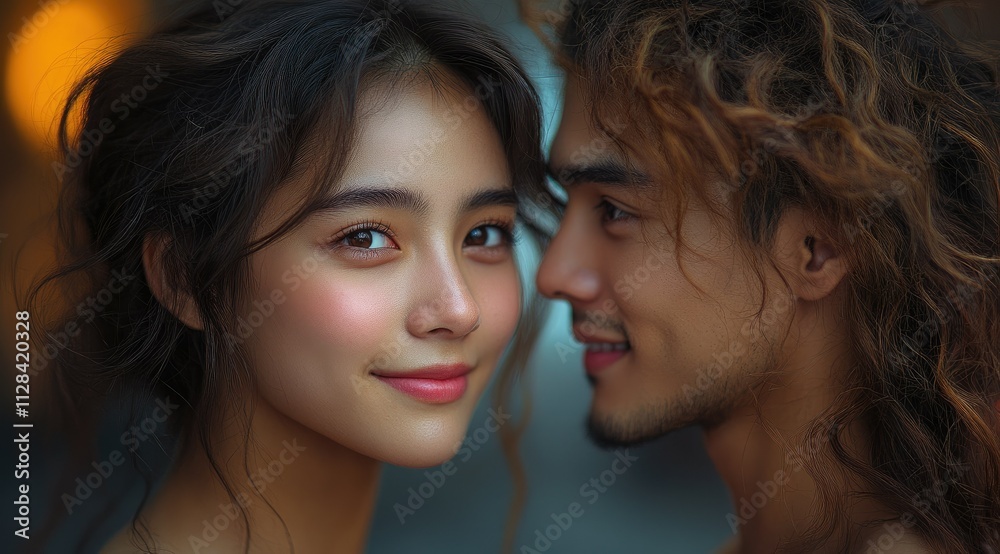 Close-up portrait of a young Asian couple, woman looking at camera, man whispering. Close-up portrait of a young Asian couple, woman looking at camera, man whispering.