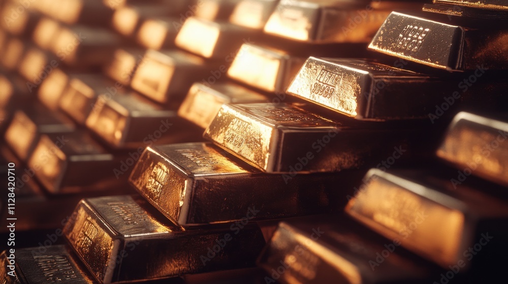 Stacked gold bars reflecting light in a luxurious display Stacked gold bars reflecting light in a luxurious display
