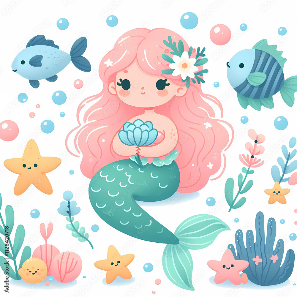Naklejka premium Enchanted Mermaid: A whimsical illustration of a charming mermaid with flowing pink hair surrounded by vibrant coral, seashells, and playful fish. Perfect for children's greeting card.