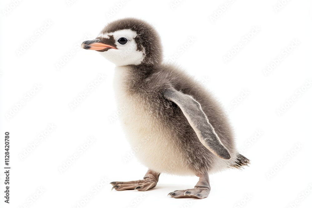 Adorable baby penguin chick standing against minimalist white background Adorable baby penguin chick standing against minimalist white background