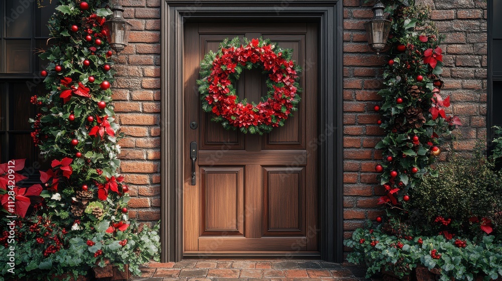 christmas wreath in front of a door rendering christmas wreath in front of a door rendering