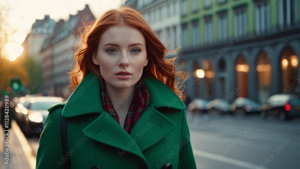 Fototapeta premium red-haired beautiful woman in green coat standing on the street