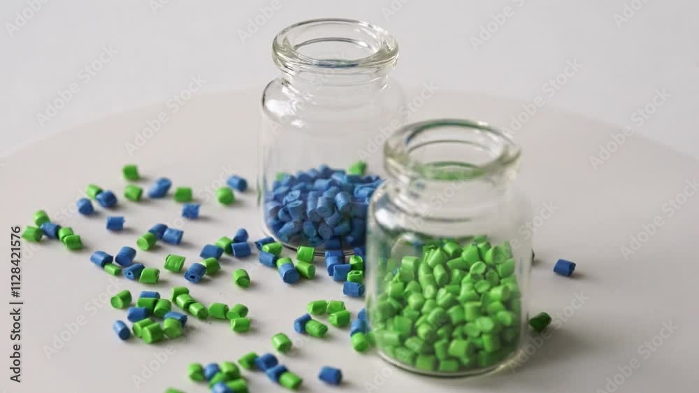 green and blue plastic granules in glass tubes close-up green and blue plastic granules in glass tubes close-up