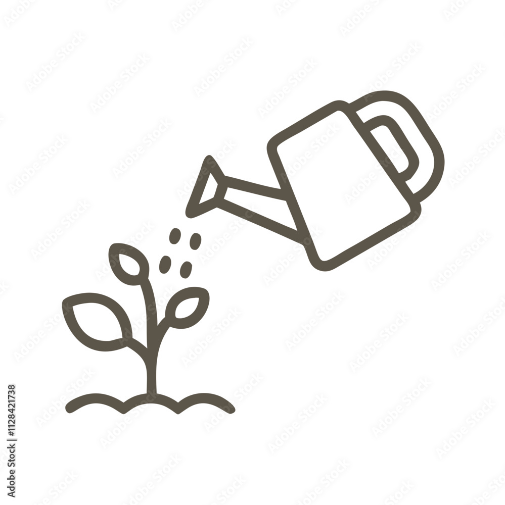 Watering can icon pouring water onto a plant on a clean minimal background Watering can icon pouring water onto a plant on a clean minimal background