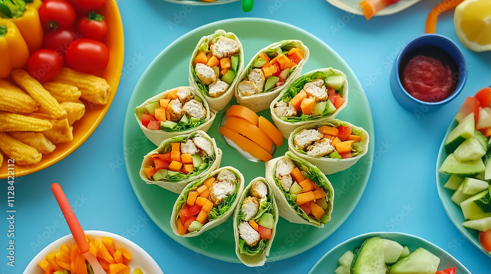 Colorful platter of fresh wraps with vegetables arranged neatly for a cheerful meal setting. Generative AI Colorful platter of fresh wraps with vegetables arranged neatly for a cheerful meal setting. Generative AI