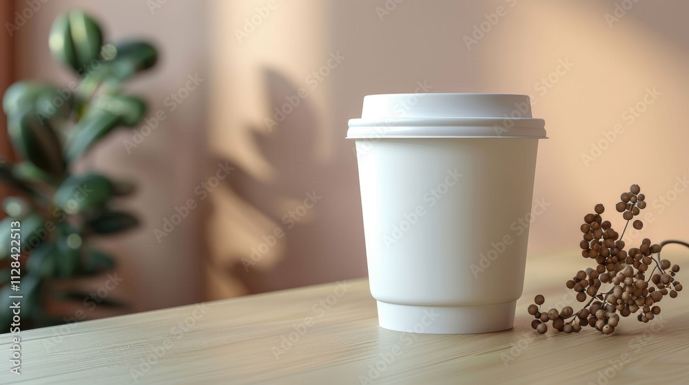 A white coffee cup sits on a wooden table next to a plant A white coffee cup sits on a wooden table next to a plant