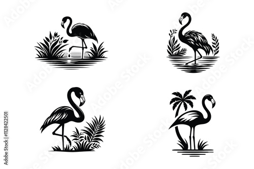 Collection of Flamingo Silhouettes in Various Poses, Vector