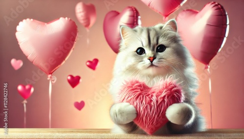 Cute fluffy kitten holding a pink heart surrounded by heart-shaped balloons in a romantic Valentine's setting.