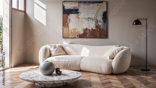 Generative AI, Modern living room with sculptural boucle sofa and textured abstract art photo