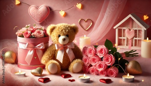 Valentine's Day Gift Arrangement with Teddy Bear.