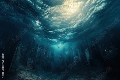 Submerged cityscape under turbulent ocean waves. photo