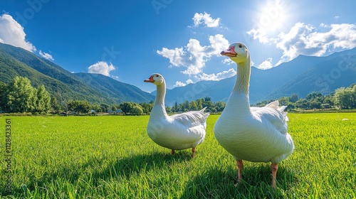 Serene Geese in Alpine Meadow: A Sunny Day in the Mountains