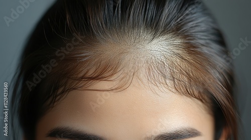 close up of lost hair followed by bald scalp and before and after of full hair bran hai photo