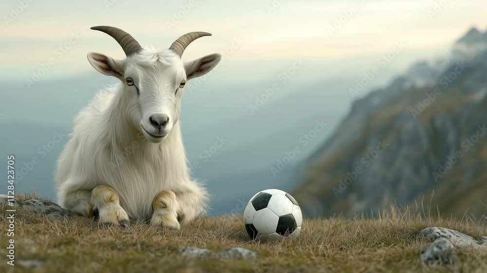 Obraz premium Goat Resting Next to a Soccer Ball in Nature