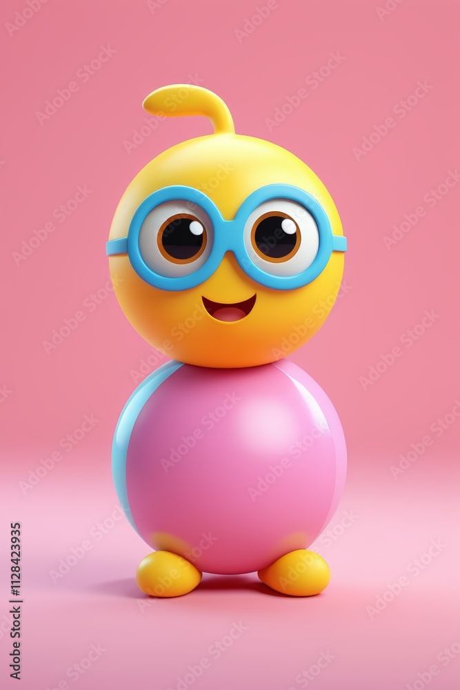a close up of a yellow and pink toy with glasses on a close up of a yellow and pink toy with glasses on