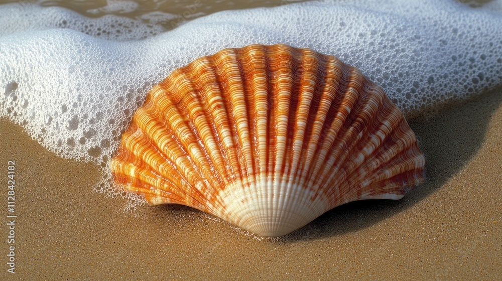 Seashell on Sandy Beach with Gentle Wave Seashell on Sandy Beach with Gentle Wave