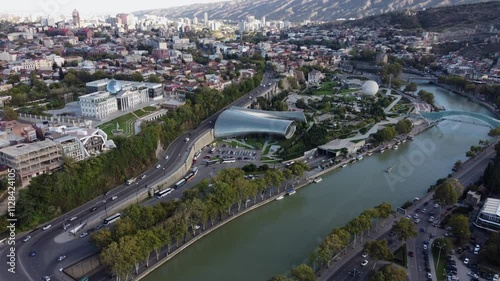 Flyover Kura River in Tbilisi toward Rike Music Theater architecture photo