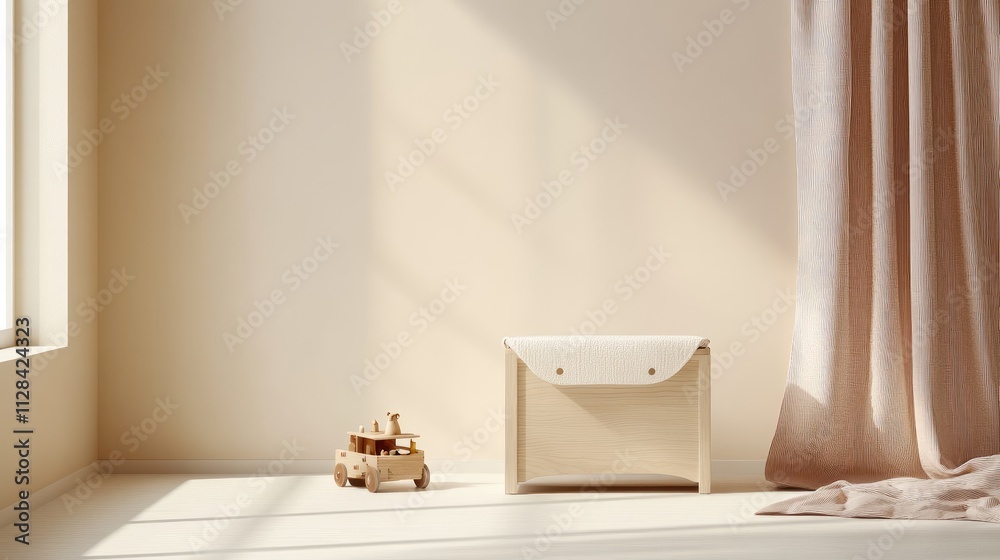 Obraz premium A serene interior scene featuring a wooden toy and a storage box by a sunlit window.