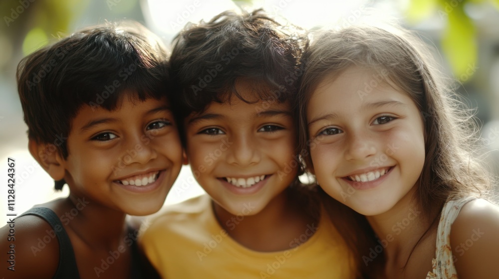 Closeup of three kids, a Black girl with a cheerful expression and long hair, a South Asian boy with a radiant grin and short hair Closeup of three kids, a Black girl with a cheerful expression and long hair, a South Asian boy with a radiant grin and short hair