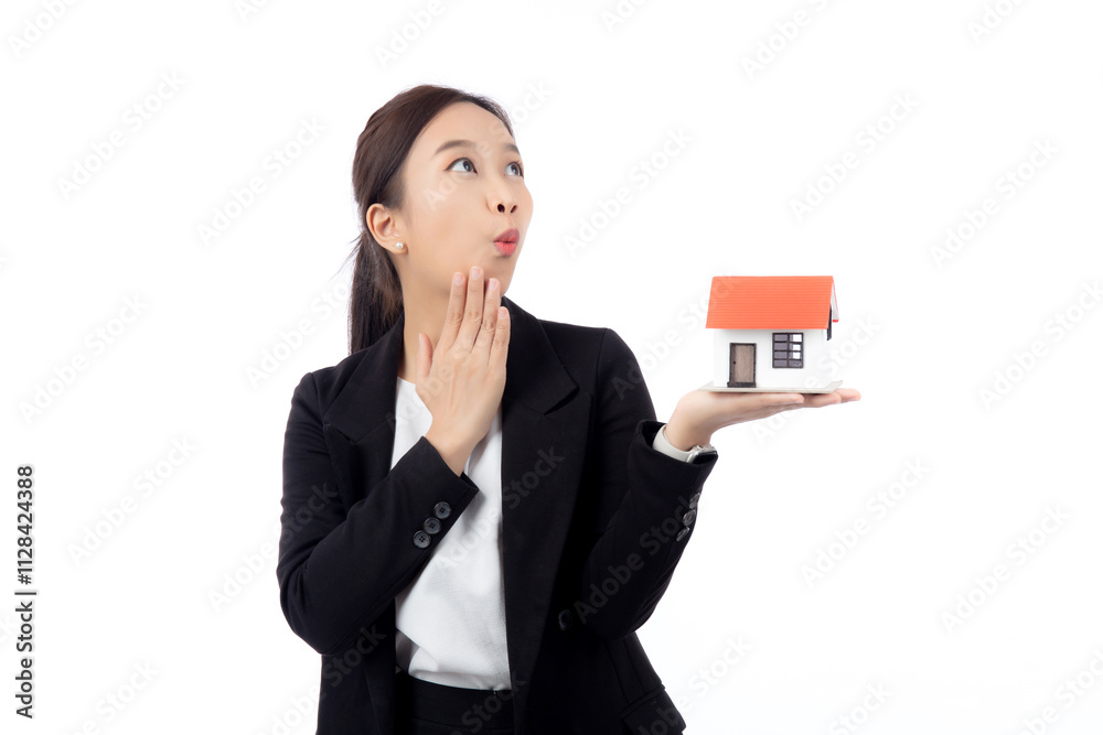 Portrait young asian businesswoman holding house for mortgage isolated white background, agent insurance business woman holding home for investment and presenting, female show home with excited. Portrait young asian businesswoman holding house for mortgage isolated white background, agent insurance business woman holding home for investment and presenting, female show home with excited.