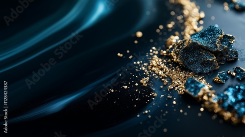 Beautiful blue and gold abstract texture with shimmering particles and crushed stones on dark smooth background photo