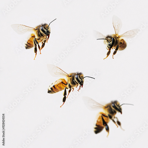 Bee isolated on white background. Macro shot of honey bee, Apis mellifera 