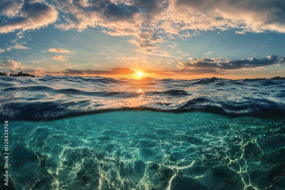 Sunset over ocean waves, blending above and below water. Sunset over ocean waves, blending above and below water.