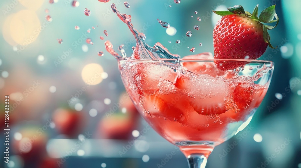 Refreshing strawberry cocktail with ice and splashes