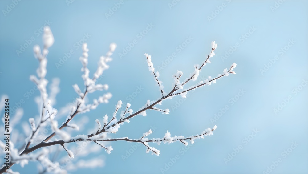 Winter wonderland: A frosty branch against a pale blue sky. Serene and peaceful, perfect for seasonal greetings. Winter wonderland: A frosty branch against a pale blue sky. Serene and peaceful, perfect for seasonal greetings.